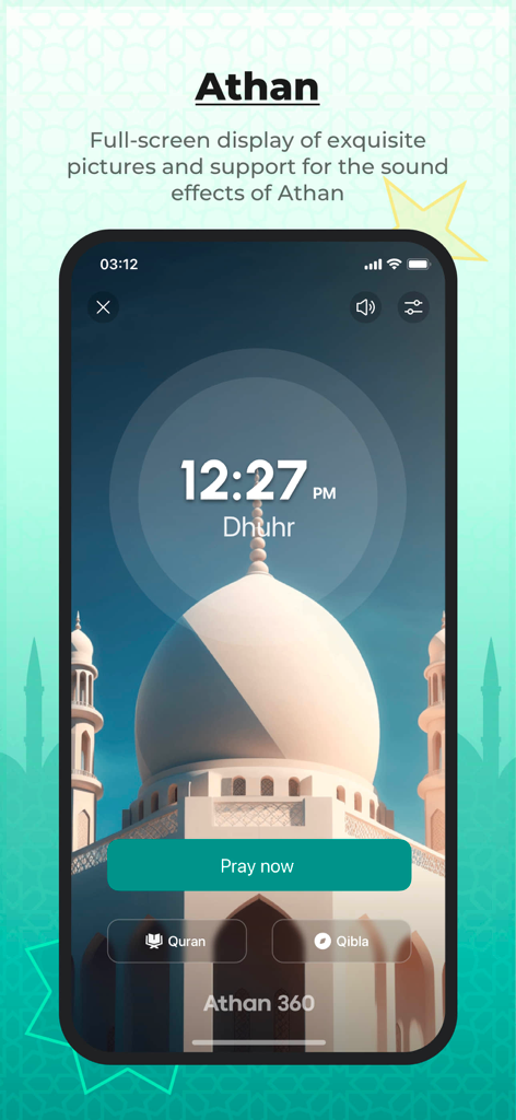 Athan 360: Prayer Times - Full-screen Athan notification in the Athan 360 app showing Dhuhr prayer time over a mosque background.