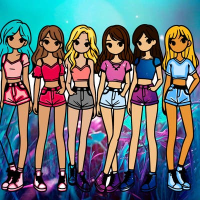 a group of girls wearing crop tops and shorts