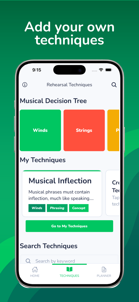 Interface of the Cue Rehearsal Techniques app showing sections for Winds Strings and musical inflection techniques