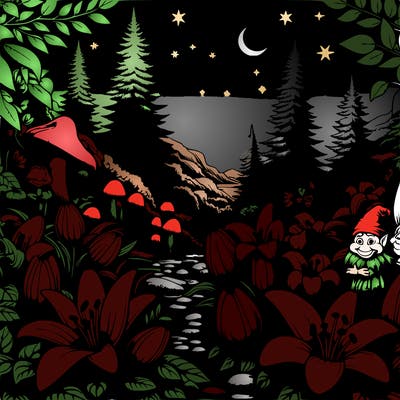 realistic lilly garden with a beautiful night sky and trolls