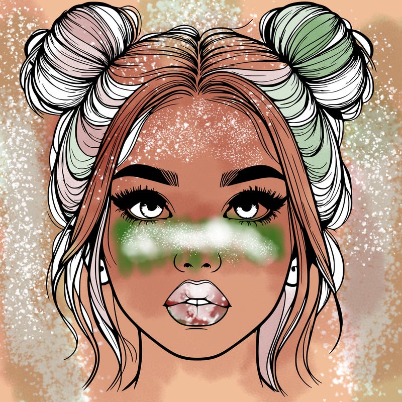 realistic girl with two buns on her hair and lips