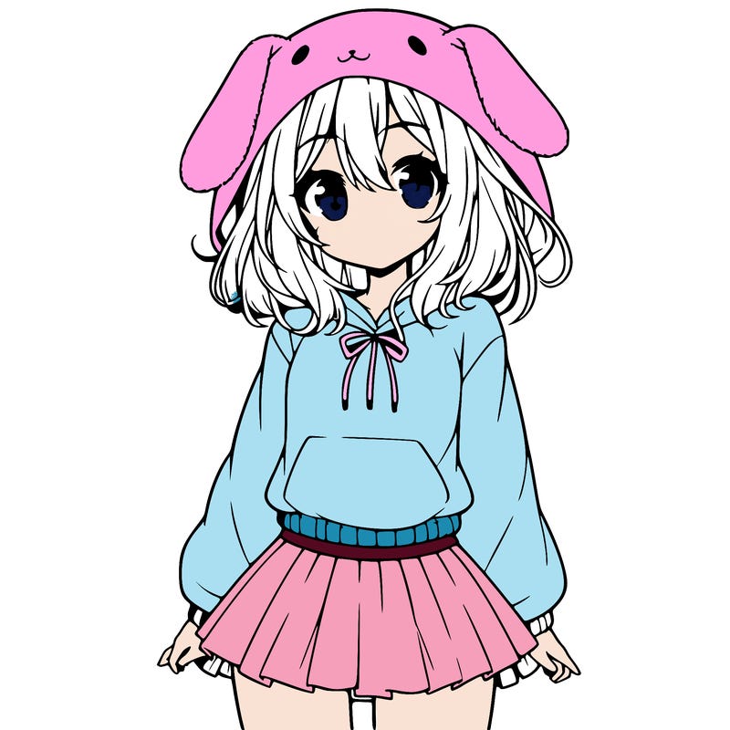 pretty anime girl wearing a fluffy hoodie with bunny ears on the hood and a skirt