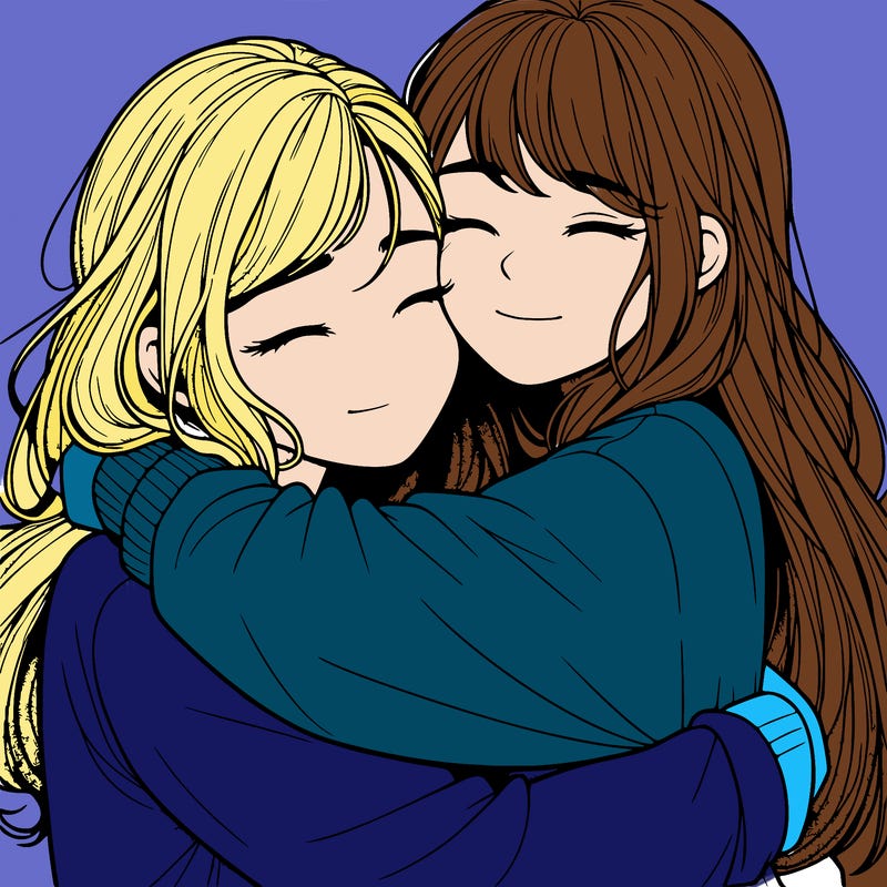 realistic two girls hugging