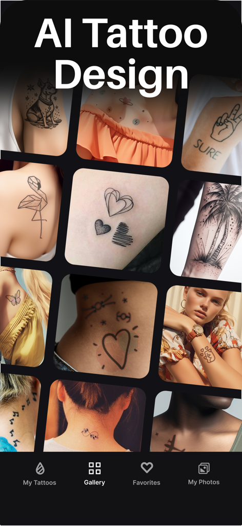 A grid display of various AI tattoo designs on different body parts within the InkHunter app gallery interface