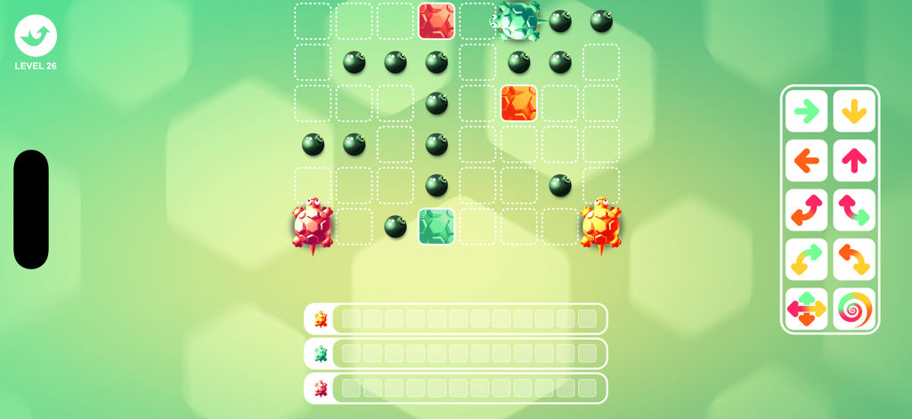 Turtle Logic 2 - Gameplay screen of Turtle Logic 2 with colored turtles navigating a grid of bombs using directional arrow commands
