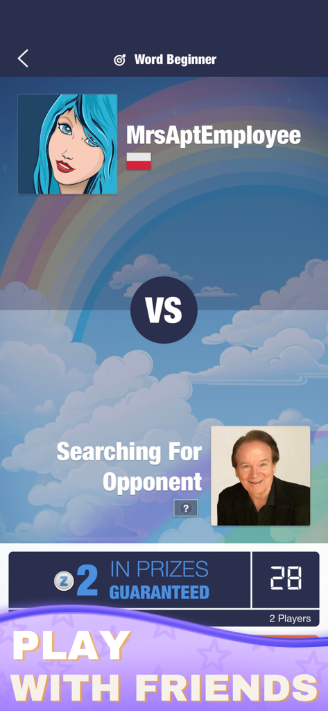 Matchmaking screen in Word Cash app showing two players competing for a guaranteed prize