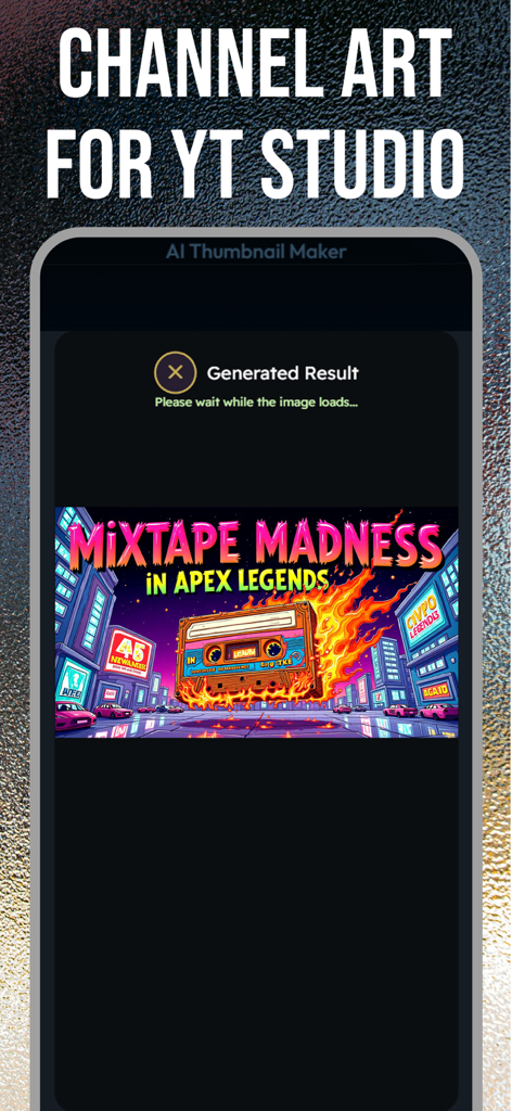 Thumbnail Maker: YT Studio Art - Un diseño de miniatura de YouTube generado para un video de gaming titulado Mixtape Madness en Apex Legends con una cinta de cassette en llamas en una ciudad de neón.