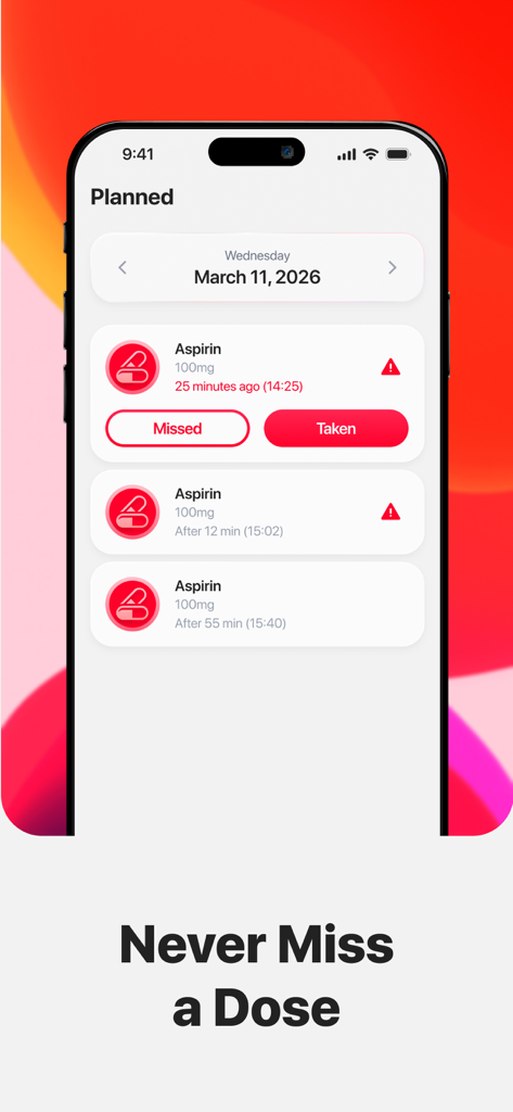 Pill Reminder - Health App - Daily medication schedule screen showing planned doses and status reminders in the health app.