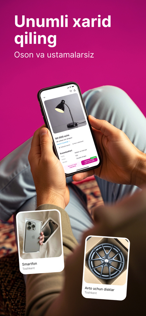 BirBir: soting va sotib oling - A person holding a smartphone using the BirBir online marketplace app to shop for various products including electronics and home items.