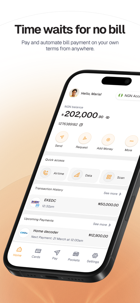 Paga mobile app interface showing NGN balance and automated bill payment features