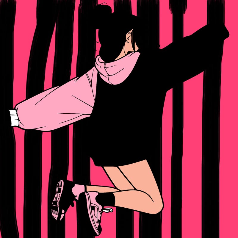 realistic girl jumping with a bun and oversized sweatshirt