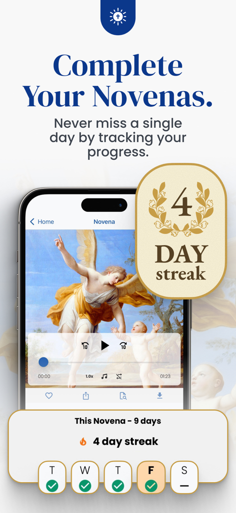 Sanctifica: Catholic Calendar - Sanctifica app interface for tracking Catholic novenas with a four day streak badge