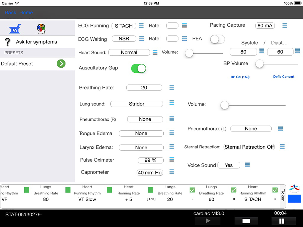 STAT BABY ADVANCED - O painel de controle do aplicativo STAT BABY ADVANCED mostrando configurações fisiológicas para um simulador de paciente pediátrico