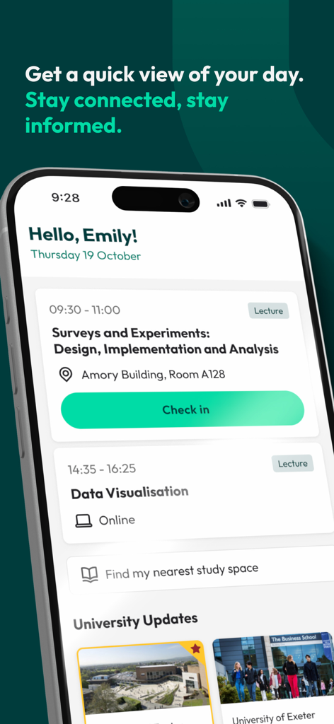 MyExeter - MyExeter app dashboard showing a daily student timetable and a lecture check in button
