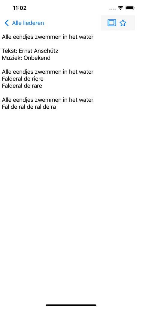 Display of lyrics for a Dutch children song in the Liedboek mobile app