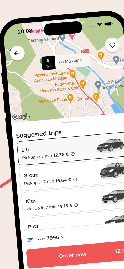 CityXerpa-App-Oberfläche, die vorgeschlagene Fahrten in Andorra mit den Fahrzeugkategorien Lite, Group, Kids und Pets einschließlich Preisen und Abholzeiten anzeigt.