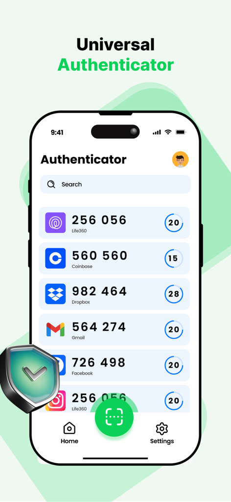 Um smartphone mostrando a interface universal do autenticador com uma lista de códigos 2FA para vários aplicativos