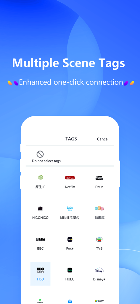 QuickQ VPN App-Oberfläche mit einer Auswahl von Streaming-Dienst-Tags für die Ein-Klick-Verbindung.