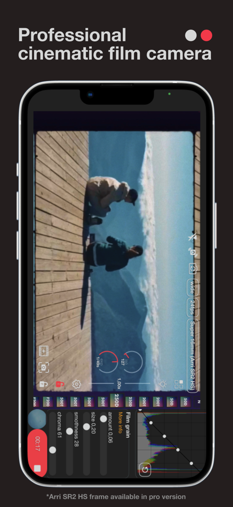 Smartphone screen showing the Super 16 app interface with professional cinematic controls and a vintage film filter over a video preview of two people on a wooden deck