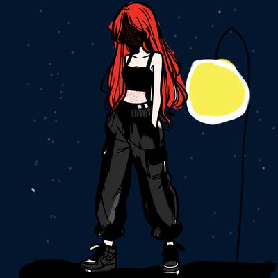 girl in baggy pants crop top and long hair