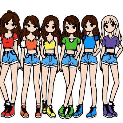 a group of girls wearing crop tops and shorts