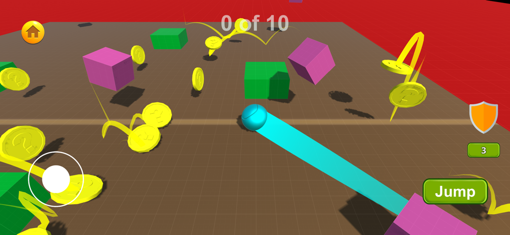 Gameplay of Mass Bounce Dollen showing a cyan ball collecting yellow coins and avoiding purple boxes on a grid surface.