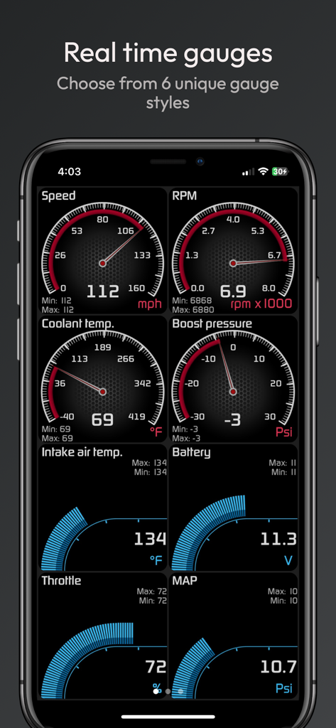 Real time car performance gauges dashboard in Hondata Complete app
