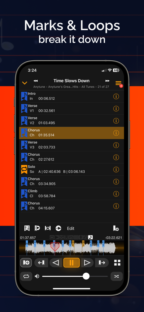 Interfaz de la aplicación Anytune Pro mostrando una lista de marcadores y bucles de canciones para secciones de práctica musical como Verso, Estribillo y Solo.