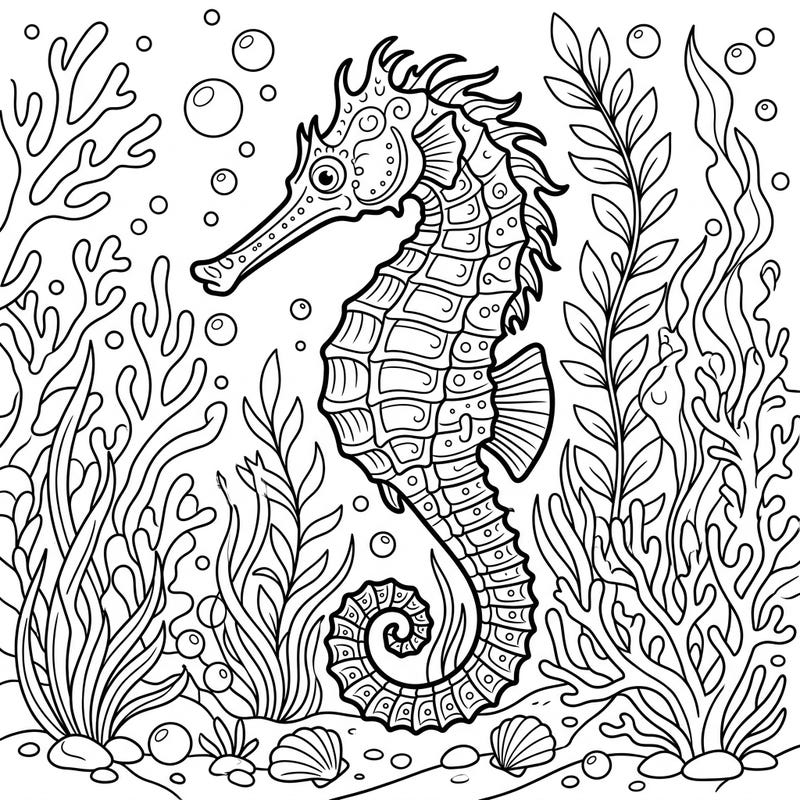 Dive into the serene world of marine life with our captivating Long-Snouted Seahorse coloring page. This intricate design, featuring a graceful seahorse amidst lush underwater flora, offers a delightful escape for colorists of all levels.