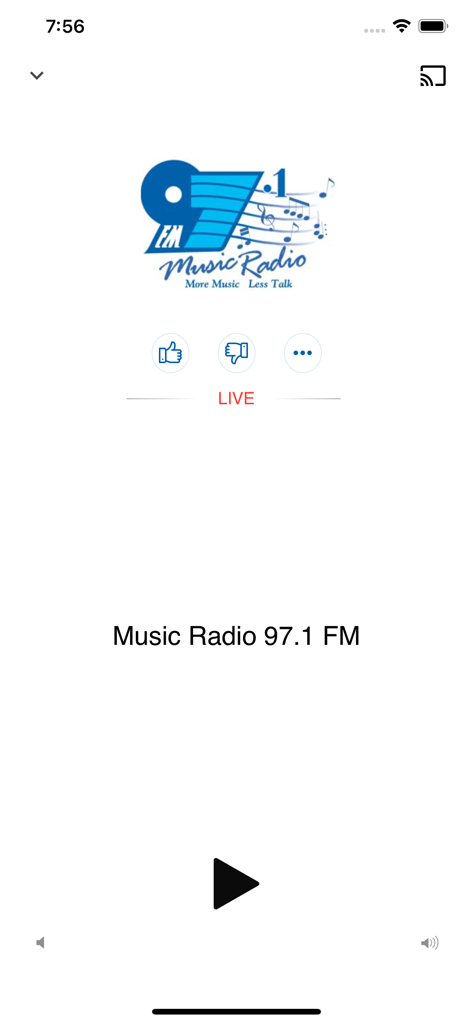 Tela do reprodutor de stream ao vivo do aplicativo móvel Music Radio 97.1 FM
