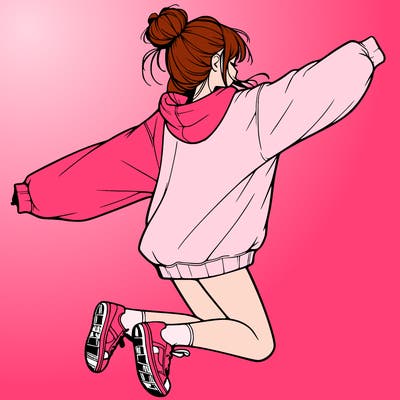 realistic girl jumping with a bun and oversized sweatshirt