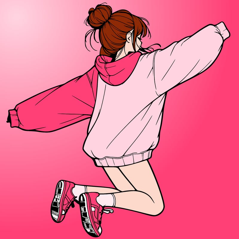 realistic girl jumping with a bun and oversized sweatshirt