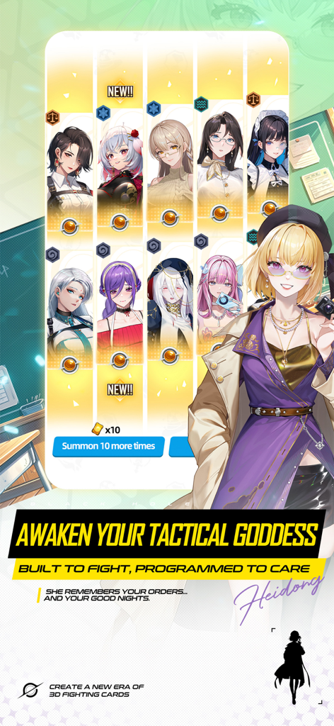 Mobile Goddess: Epic 3D Battle - Una pantalla de invocación gacha de Mobile Goddess Epic 3D Battle que muestra múltiples retratos de personajes de anime.