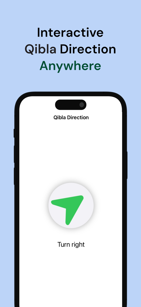 Qibla Finder - Qibla Finder app interface showing a green arrow with Turn Right instruction for prayer orientation