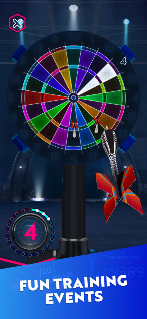 Darts of Fury: PvP Multiplayer - Una diana colorida y un dardo en el modo de entrenamiento del juego móvil Darts of Fury.