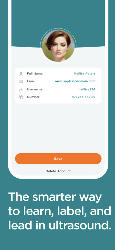 ScanHub by GUSI - ScanHub app user profile screen showing contact information and a tagline for ultrasound learning