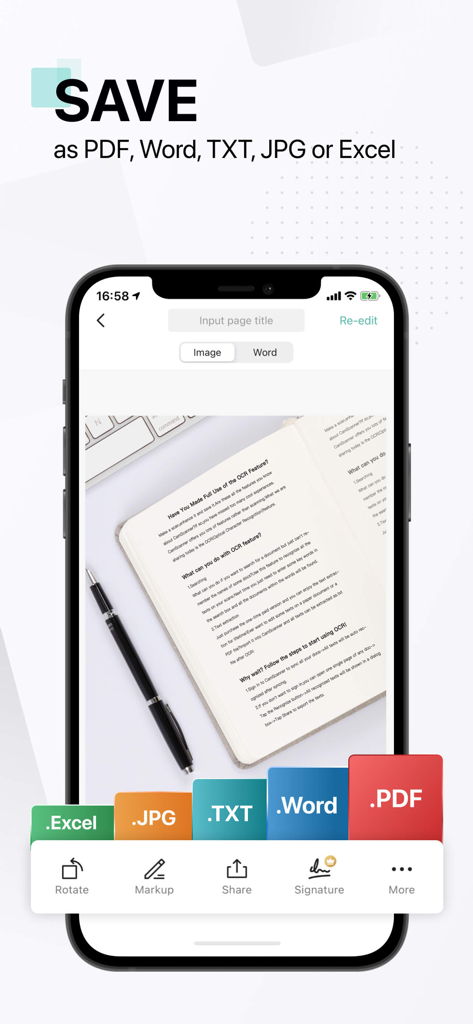 CamScanner + | OCR Scanner - Pantalla de smartphone de la aplicación CamScanner mostrando opciones para guardar un documento escaneado como PDF Word TXT JPG o archivos de Excel.