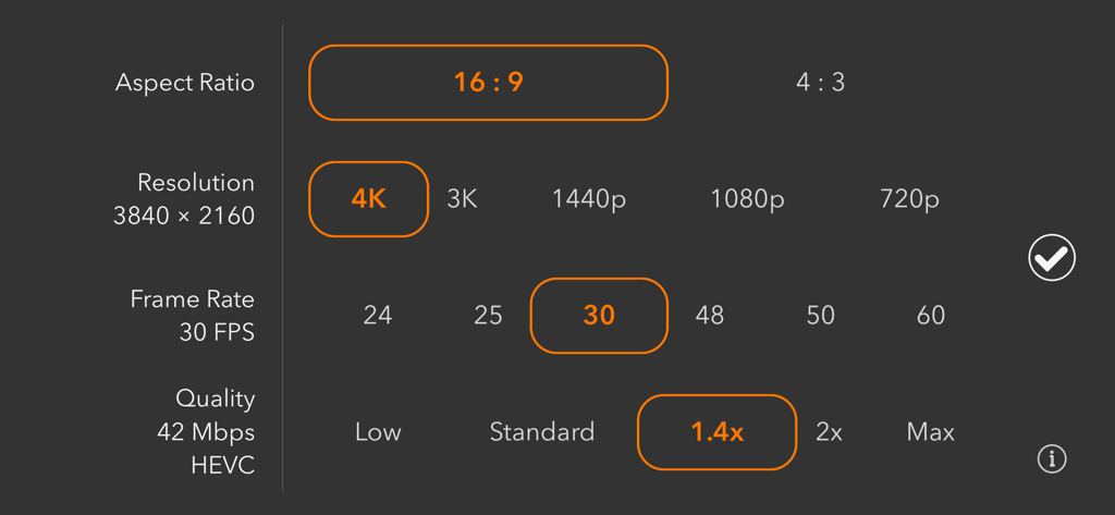 ProMovie Recorder + - ProMovie Recorder app settings screen showing manual selection for aspect ratio resolution frame rate and video quality