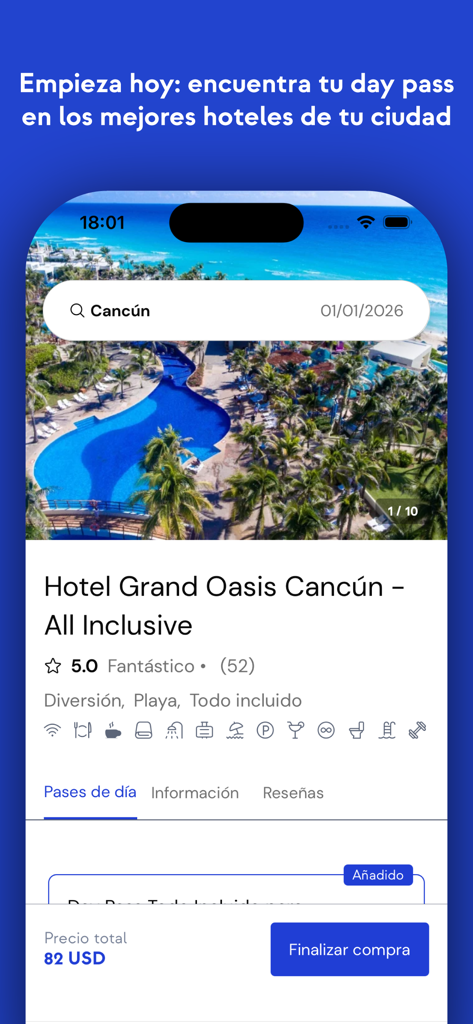 Pantalla móvil que muestra una reserva de pase de día para un hotel de lujo en Cancún.