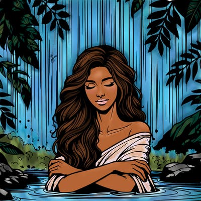 realistic female model under waterfall