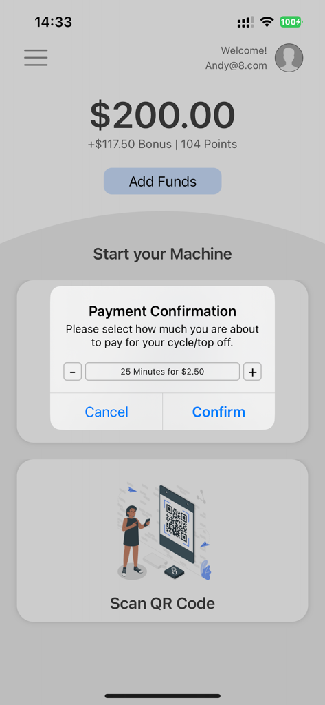CleanPay Mobile - Interface do aplicativo CleanPay Mobile mostrando um pop-up de confirmação de pagamento para um ciclo de lavanderia e o saldo atual da conta