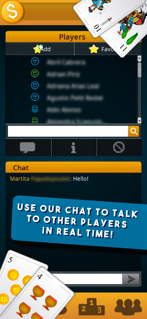 Truco Uruguayo - Real-time chat and player list in the Truco Uruguayo card game app