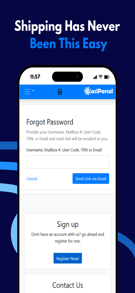 Easiparcel - Easiparcel App Passwort vergessen und Registrierungsbildschirm auf einem mobilen Gerät