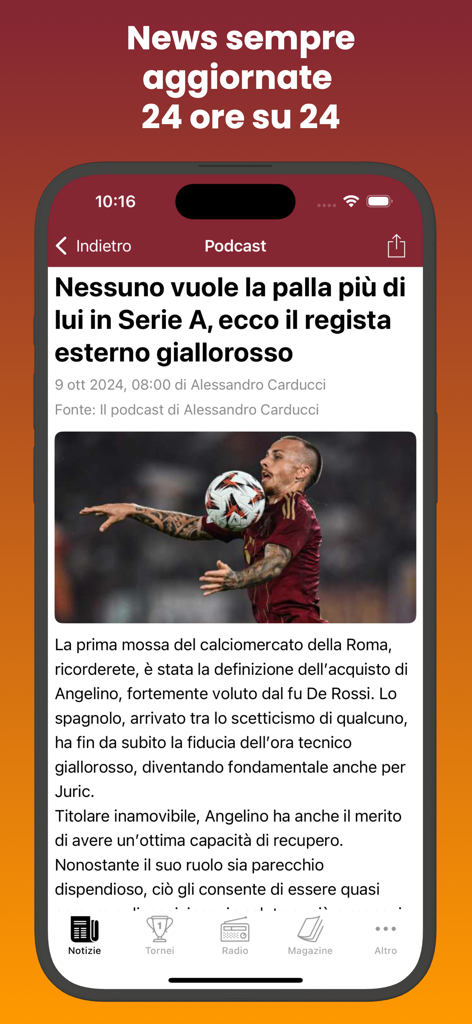 Voce Giallorossa app interface showing a news article about an AS Roma player and a bottom navigation menu.