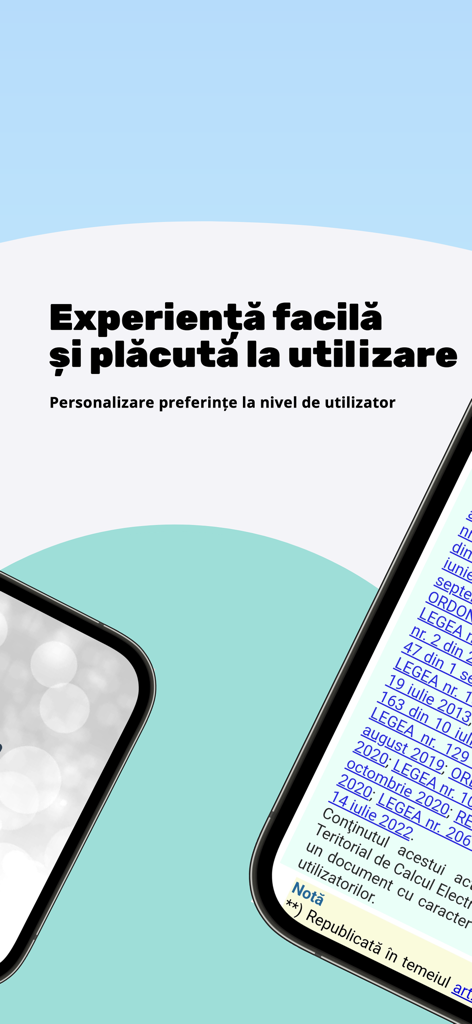 Interfaz de la aplicación Legis Mobile mostrando documentos legales rumanos en la pantalla de un dispositivo móvil