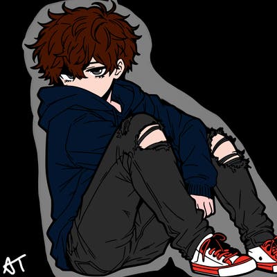a male hoddie ripped jeans messy hair anime