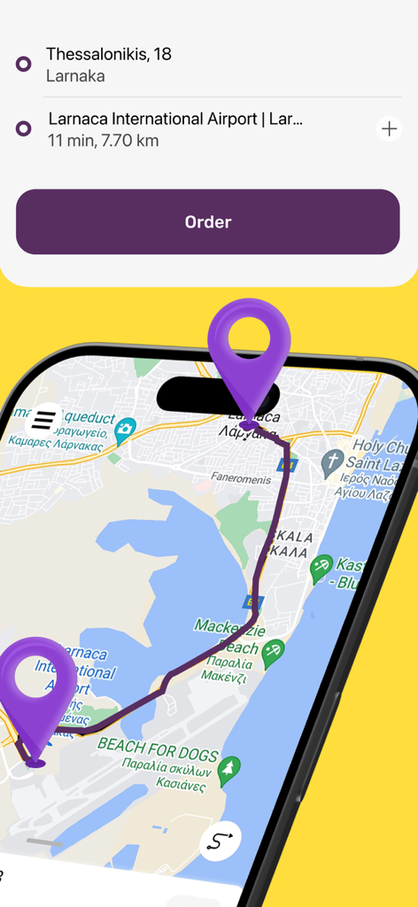 Alfa: Taxi & Cab Ride Cyprus - Mobile app screen showing a taxi route from a Larnaka address to Larnaca International Airport with an Order button