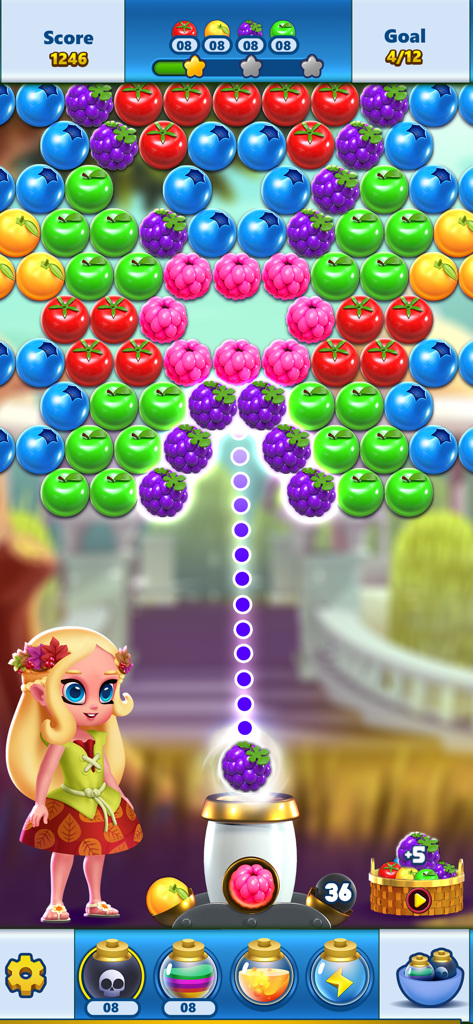 Bubble Shooter Princess Pop mobile game featuring fruit-themed bubbles and a princess character.