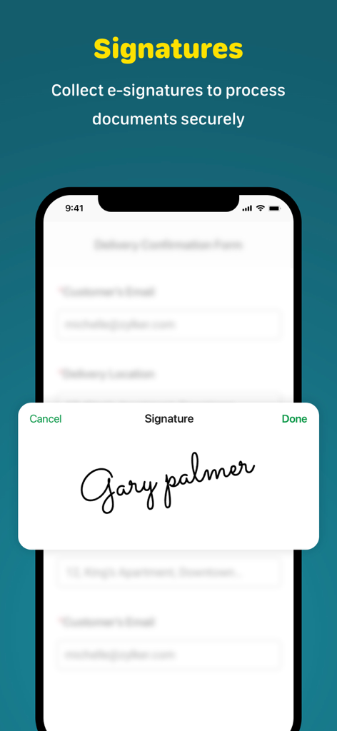 Zoho Forms: Build mobile forms - Mobile screen showing the digital signature feature in Zoho Forms to collect e-signatures securely