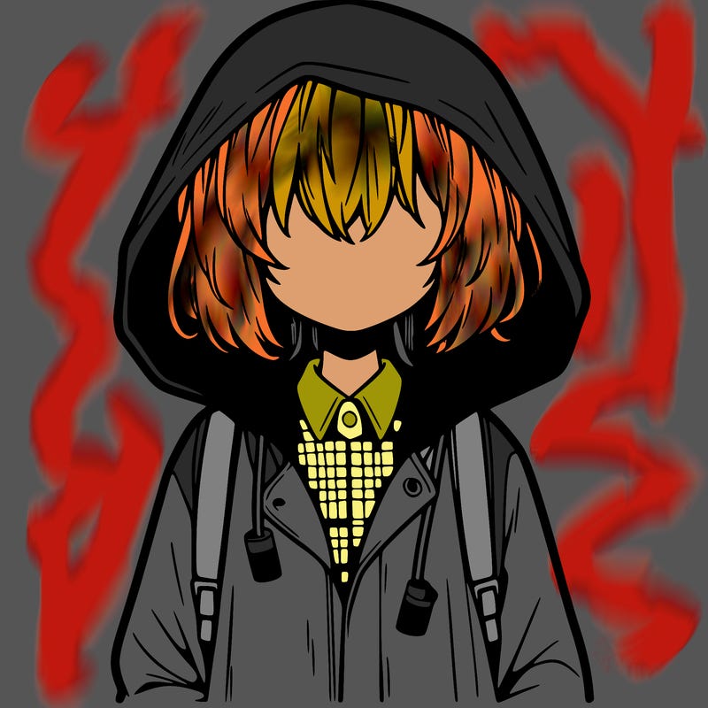 little anime girl in a raincoat her hair is covering her eyes she has a lighter